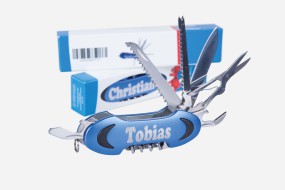 Taschenmesser Multitool blau mit 11 Funktionen und persönlicher Namens-Lasergravur